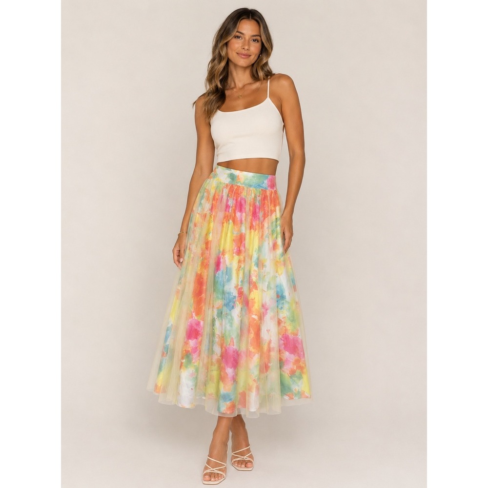 Watercolor Floral Tulle Midi Skirt High Waisted Multi Color A-Line Small